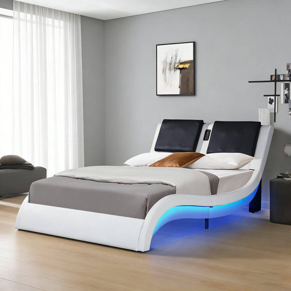 English Elm Faux Leather Queen Platform Bed with Rgb Lighting Bluetooth Speaker Massage Headboard W2297S00027