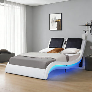 English Elm Faux Leather Queen Platform Bed with Rgb Lighting Bluetooth Speaker Massage Headboard W2297S00027