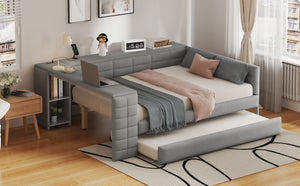English Elm Full Size Upholstered Platform Bed With Trundle, Charging Station, And Smart Storage In Gray Velvet N7090000604E