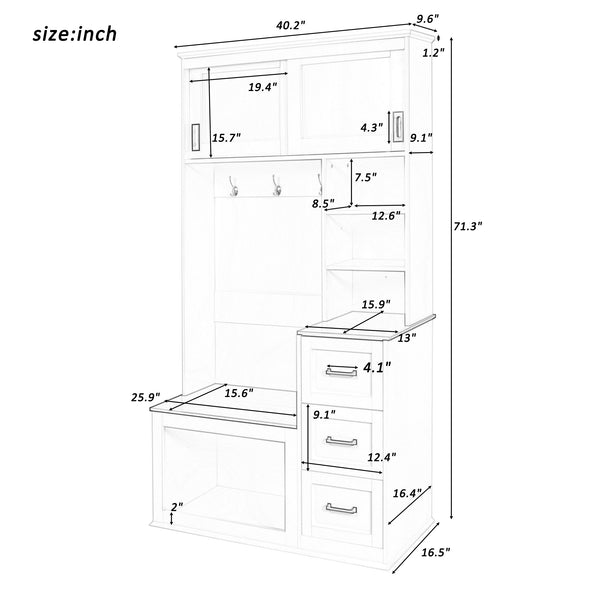 English Elm U-can Hall Tree with Storage Bench Three Drawers Open Shelves and Hooks for Entryway N724P380403K