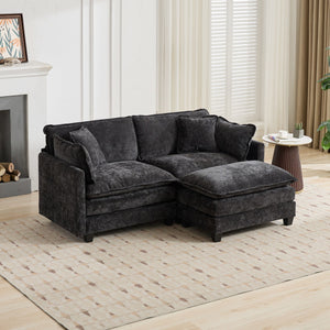 English Elm Cloud Velvet Ottoman with Double-Layer Cushion, Modular Modern Sectional Accent Seat, Breathable Chenille Upholstery, Adjustable Backrest Black W1143P310514