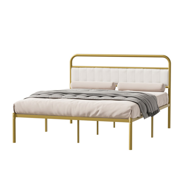 English Elm Queen-Size Beige Linen Platform Bed Frame with Gold Metal Accent, Upholstered Headboard, 800 lb Capacity W2992P233415