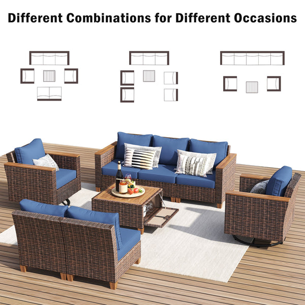 English Elm K&k 8 Piece Outdoor Wicker Sectional Set with Swivel Rockers and Acacia Storage Table Blue+Brown N707S005016E