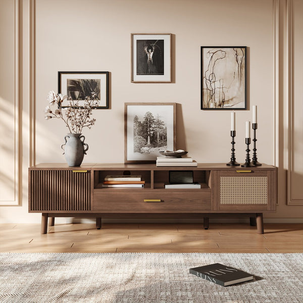 English Elm Wood TV Stand for 75" TVs with Rattan Drawers, Soft-Close Doors, Drop-Down Storage, Waterproof Finish N710P257619P