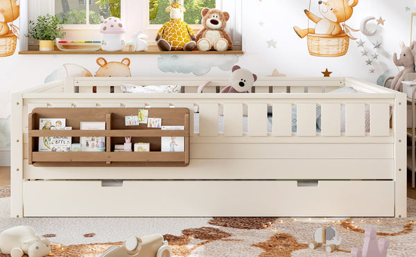 English Elm Queen Bunk Bed with Trundle Solid Pine Kids Car Themed Frame Built-in Bookshelf Beige W1580S00562
