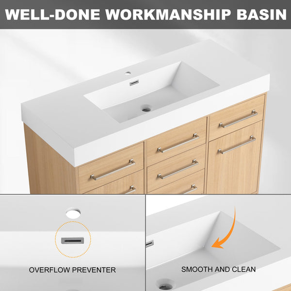 English Elm 48" Freestanding Bathroom Vanity with Resin Sink, Original Oak Finish, 2 Doors & 6 Drawers, Plywood W1972P315227