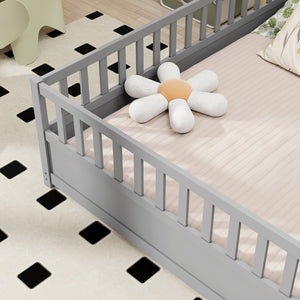 English Elm Full Montessori Floor Bed Frame For Kids - Secure, Low-Profile Design In Gray For Safe Play & Sleep W1858P164934