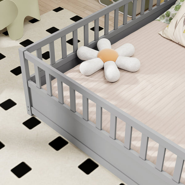 English Elm Full Montessori Floor Bed Frame For Kids - Secure, Low-Profile Design In Gray For Safe Play & Sleep W1858P164934