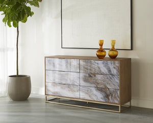 Sunpan FUENTES Dresser: Glamorous Oak Veneer & Acrylic Doors with Brass Base – Stylish Storage Solution! 106750
