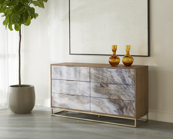 Sunpan FUENTES Dresser: Glamorous Oak Veneer & Acrylic Doors with Brass Base – Stylish Storage Solution! 106750