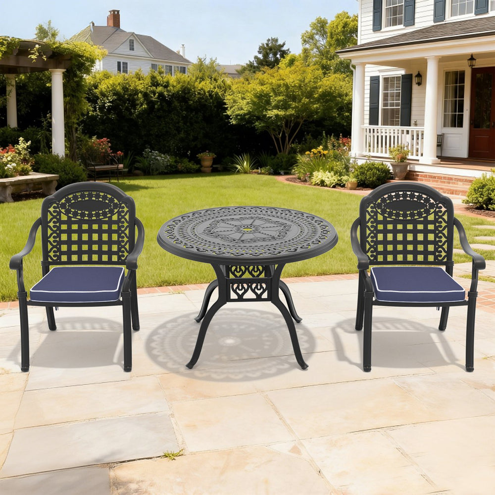 English Elm 3-piece Cast Aluminum Bistro Set Ornate Patio Furniture with Weather Resistant Cushions W1710S00629