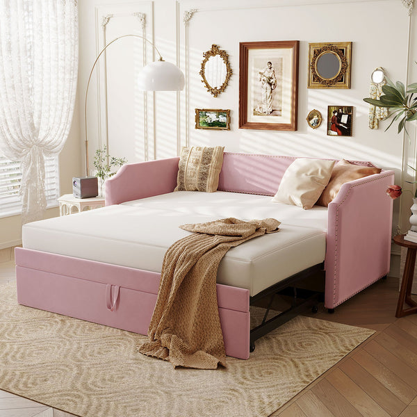 English Elm Twin Velvet Upholstered Daybed with Pop up Trundle for Guest or Kids Rooms Pink SF000197AAH