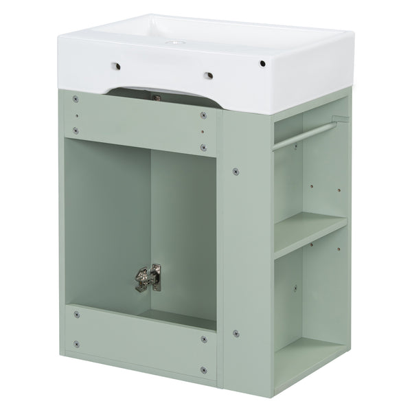 English Elm 20 Modern Wall-Mounted Bathroom Vanity with Ceramic Sink, Diamond Door, Gold Handles & Shelves — Compact Green N725P314033F