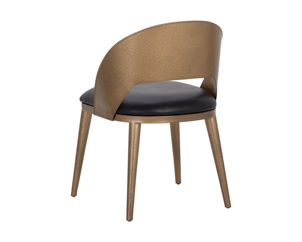 Sunpan Dezirae Dining Chair - Stylish Curved Back Design with Genuine Leather Seat and Iron Legs, Handcrafted Antique Brass / Charcoal Black Leather