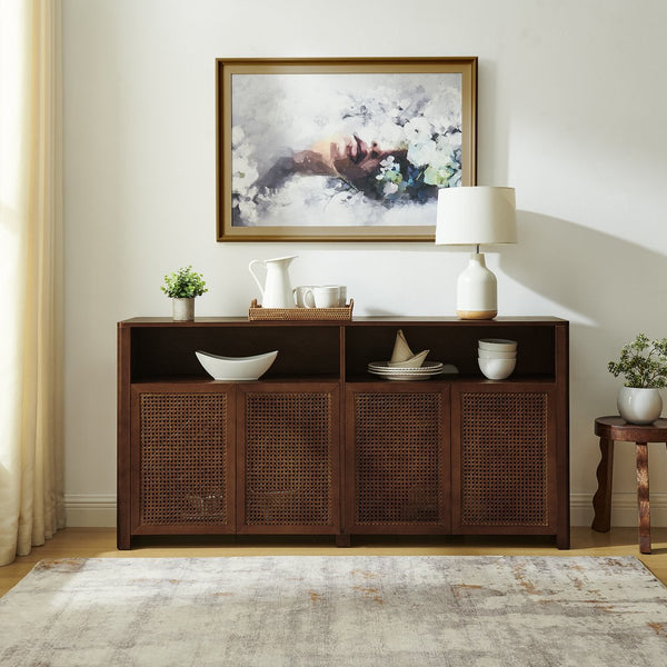 English Elm 63" Mid Century Modern Rattan Sideboard Buffet Cabinet with Adjustable Shelves, Durable Craftsmanship and Outlet Access for Living Room Storage and TV Console Walnut W1801P371658