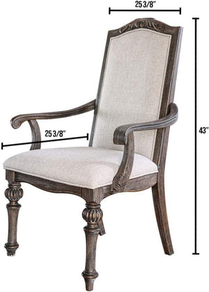 English Elm Natural Rustic 2-Piece Arm Chair Set With Ivory Upholstered Seats & Intricate Wood Inlay Detail B2741P408875