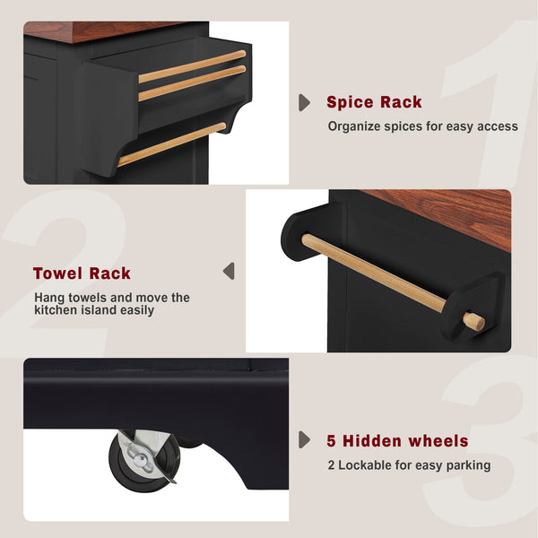English Elm K&k Rolling Kitchen Island with Walnut Grain Countertop Drawers and Spice Rack Black N707S000025B