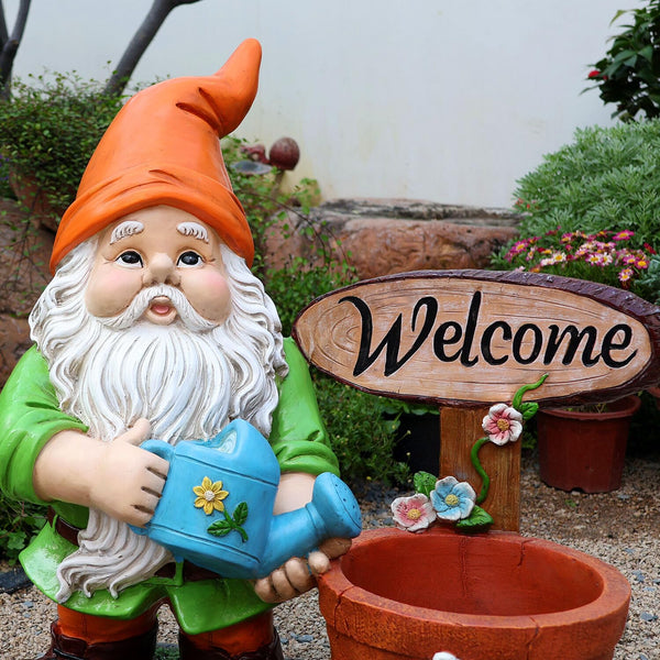 English Elm Outdoor Gnome Statue with Integrated Planter Bowl Whimsical Garden Focal Point W5398P455469
