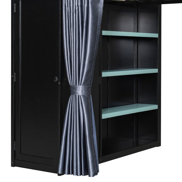 English Elm Full Size Wood Loft Bed with Wardrobe Desk Shelves Rgb Lighting and Blackout Curtains Black+Blue LT000269AAC-1