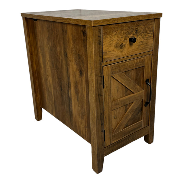 English Elm Farmhouse Nightstand with Charging Station and Barn Door Drawer — USB-C, AC Outlets, Compact Storage Antique brown W1412P230409
