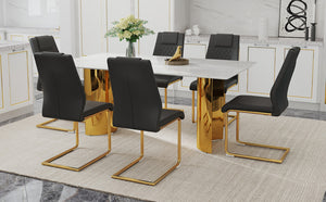 English Elm Table With Glass Top & 6 Elegant Chairs - Modern Marble Pattern, Gold Legs, Comfortable Pu Seats W1151S04347-GIGA