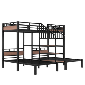 English Elm Twin Triple Bunk Bed Black Metal Frame with Built-in Storage Stairs and Shelves W1580S00619