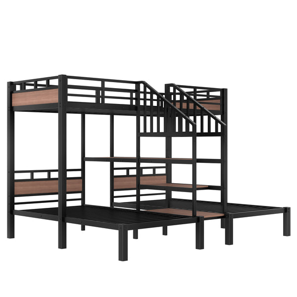 English Elm Twin Triple Bunk Bed Black Metal Frame with Built-in Storage Stairs and Shelves W1580S00619