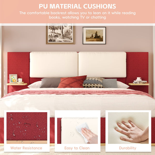 English Elm Christopher Knight Home® - King PU Leather Bed Frame with Wingback Headboard & Footboard, Gold Accents, Platform Slat Support, Elegant Design Red 76.4 L x 12.75 W x 8.75 H N761S0000024R