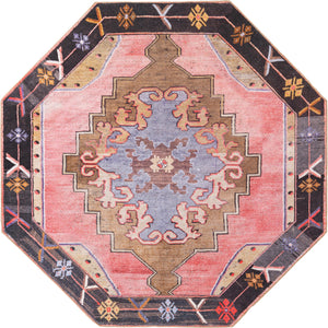Unique Loom Timeless Thomas Machine Made Medallion Rug Pink, Black/Blue/Light Blue/Light Brown 7' 7" x 7' 7"