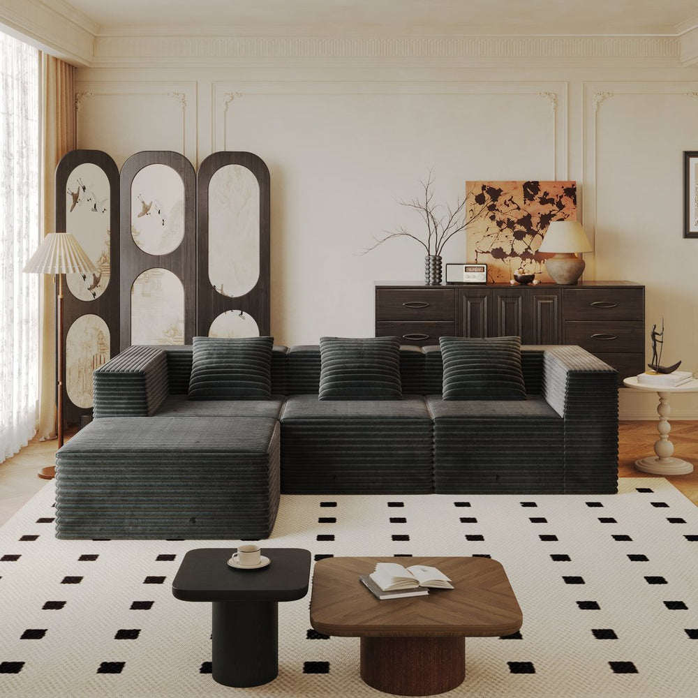 English Elm Modular Sectional Couch - Comfortable Boneless Sofa With Memory Foam, Plush Corduroy, No Assembly, Grey W3434S00025