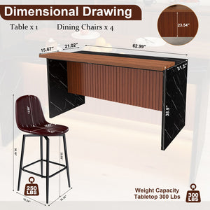 English Elm 63-Inch Modern Kitchen Island Set With 4 Bar Stools, Black Marble Surface & Led Lighting For Dining W2699S00067