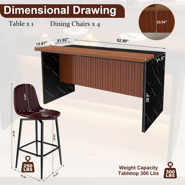 English Elm 63-Inch Modern Kitchen Island Set With 4 Bar Stools, Black Marble Surface & Led Lighting For Dining W2699S00067