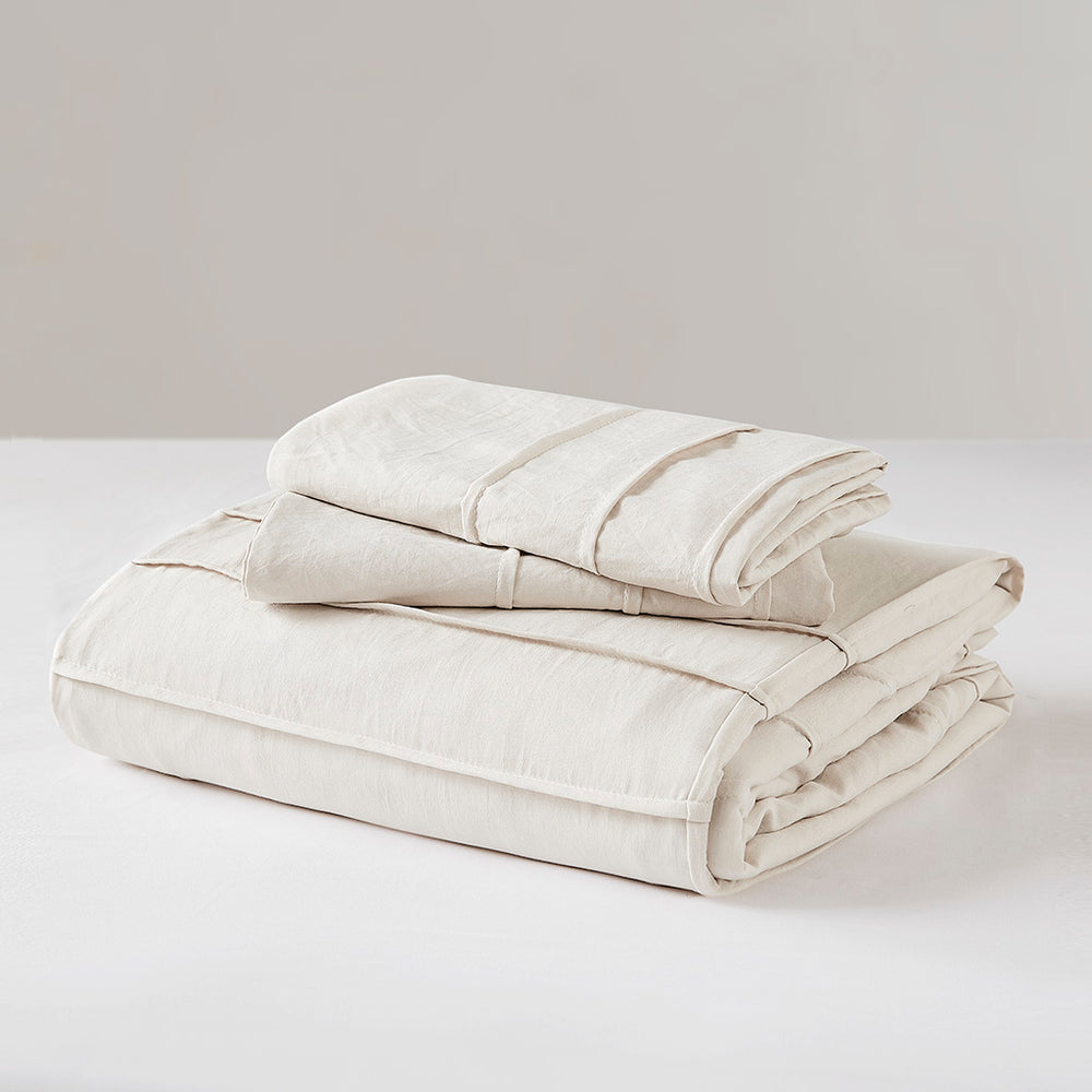 JLA Home Comfort Spaces - Soft Washed Pleated Duvet Cover Set with OEKO-TEX Soft Microfiber, Grid Pinch-Pleat & Button Closure Neutral AM12-0425