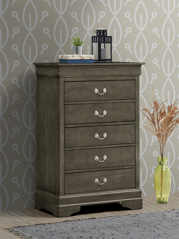 English Elm Louis Elegant 4-Drawer Chest with Carved Bases & English Dovetail Drawers, Tarnish-Resistant Hardware Gray 21 L x 36 W x 52 H B078108181