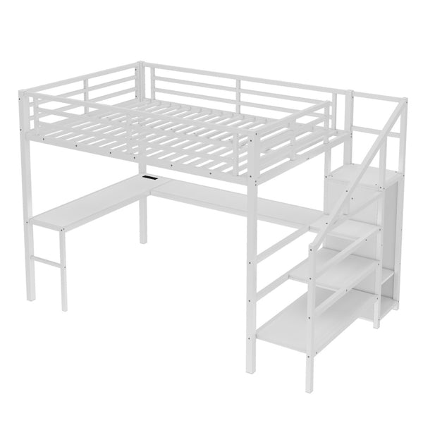 English Elm Queen Size Loft Bed With L-Shaped Desk, Usb Port & Led Lights - Stylish Space-Saving Solution For All W1580S00124-GIGA