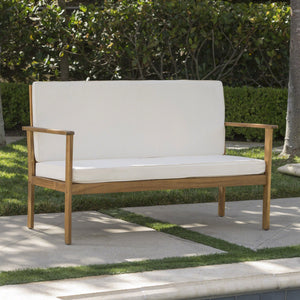 English Elm Beige Outdoor Loveseat Solid Acacia Wood Slatted Back Cushioned Patio Seating N770P356880C