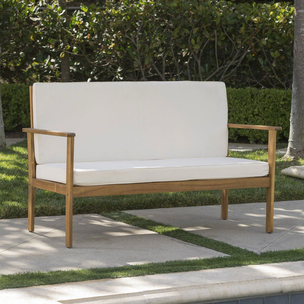 English Elm Beige Outdoor Loveseat Solid Acacia Wood Slatted Back Cushioned Patio Seating N770P356880C