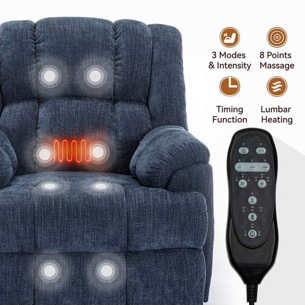 English Elm Dual Motor Power Lift Recliner Chenille Chair with Massage Heat and Infinite Positions Blue W3224P288489