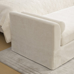 English Elm 88.58" Wide Chenille Upholstered Bench with Curved Armrests and Bolster Pillows for Bedroom Beige W3189S00027