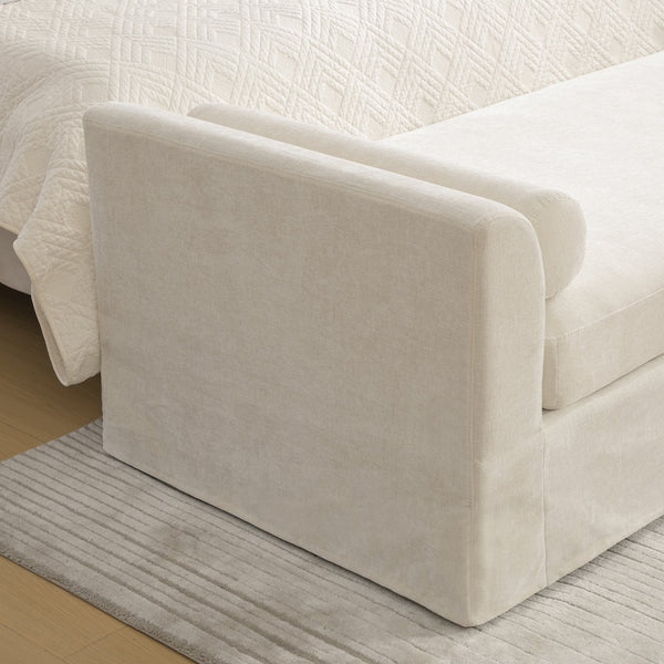English Elm 88.58" Wide Chenille Upholstered Bench with Curved Armrests and Bolster Pillows for Bedroom Beige W3189S00027