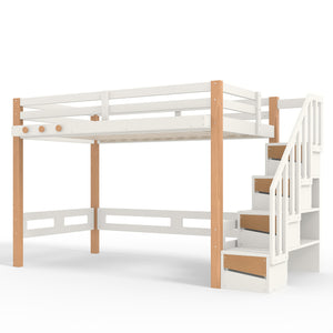 English Elm Twin Pine Wood Loft Bed with Built-in Shelving and Hook for Kids Bedroom W5305S00010