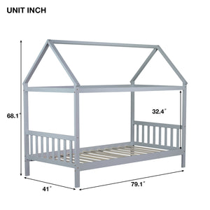 English Elm Twin House Bed with Headboard and Footboard — Space-Saving Rubberwood Frame, Playful Architectural Design LIGHT GREY W504P225966