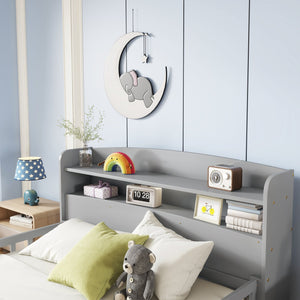 English Elm Full Pine Wood Bed with Bookcase Headboard and LED Motion Sensor Light, Guardrails & Storage Space Grey W504P277598