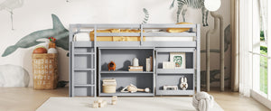 English Elm Twin Loft Bed With Storage Cabinets, Pull-Out Desk & Safety Guardrail - Sturdy Grey Rubberwood Design W504S00201-GIGA