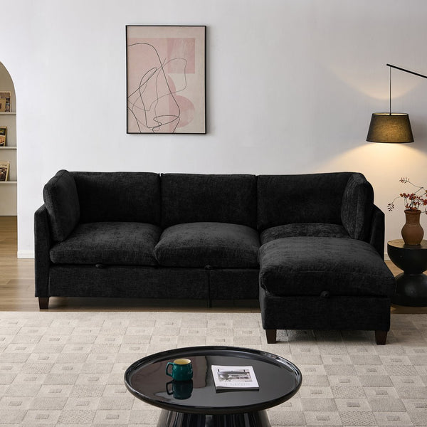 English Elm 96.5" L-shaped Chenille Sectional with Storage Ottoman Eucalyptus Frame Living Room Black W1097S00282