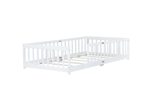 English Elm Twin Size Floor Bed With Safety Guardrails - Durable Rubberwood, Minimalist White Design For Kids W504P286396-GIGA