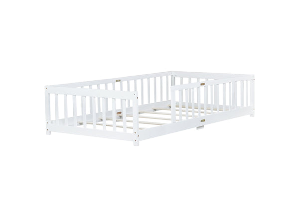 English Elm Twin Low Profile Rubberwood Floor Bed with Full Safety Fence for Toddler Rooms White W504P429335
