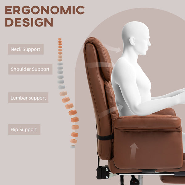 English Elm Homcom Ergonomic Executive Office Chair With Footrest, Pu Leather Upholstery & Lumbar Support, Brown W2225P250007
