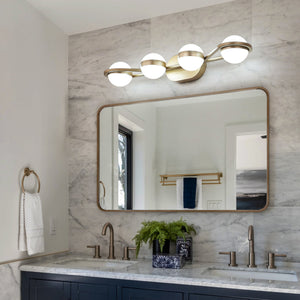 English Elm 28" Golden Minimalist LED Bathroom Vanity Light with Crystal Sand Shades, 4-Light Champagne Gold Modern Fixture for Mirror W2312P374867