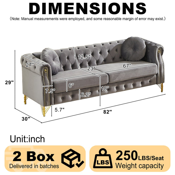 English Elm 82-inch Velvet Chesterfield Sofa Tufted Button Back with Copper Studs and Gold Metal Legs Grey W834S00618